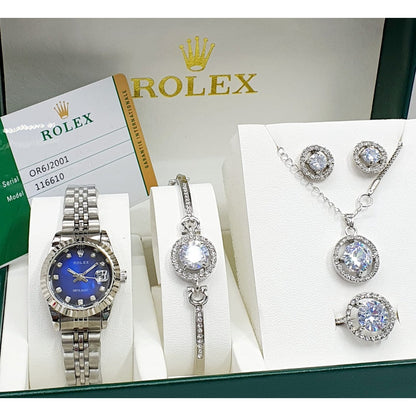 Rolex Women's Watch Package (Rolex Watch + Earrings + Necklace + Bracelet )